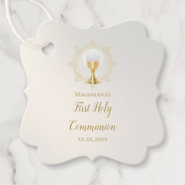 set of 50 Personalized First Holy Communion Favor Tags Girl with Black Hair 